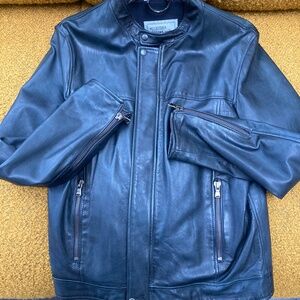 Men's navy blue Italian leather jacket with motocross snap collar size 48